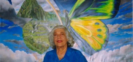 Surreal portrait of Iris Saltzman with butterfly wings and rainbow landscape