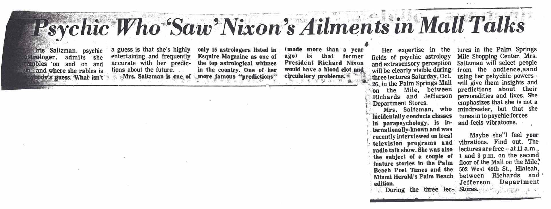 Psychic Who ‘Saw’ Nixon’s Ailments in Mall Talks